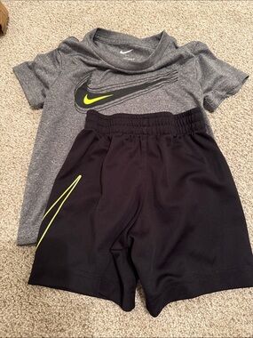 Nike Black Athletic Shorts with Gray Tee and Neon Yellow Accents